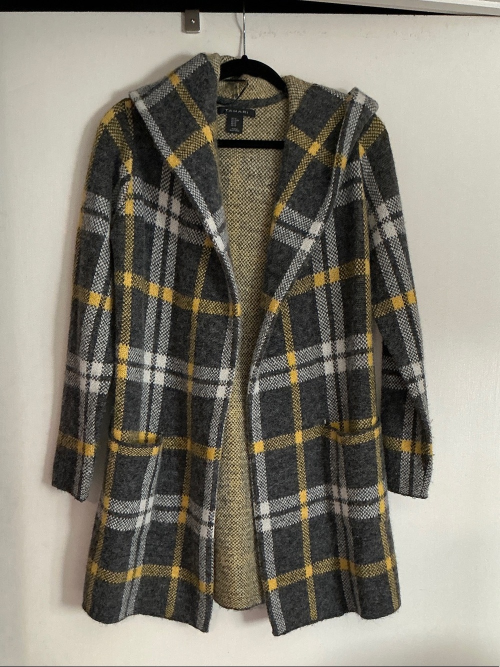 Tahari Gray Plaid Hooded Open-Front Coatigan with Yellow Accents